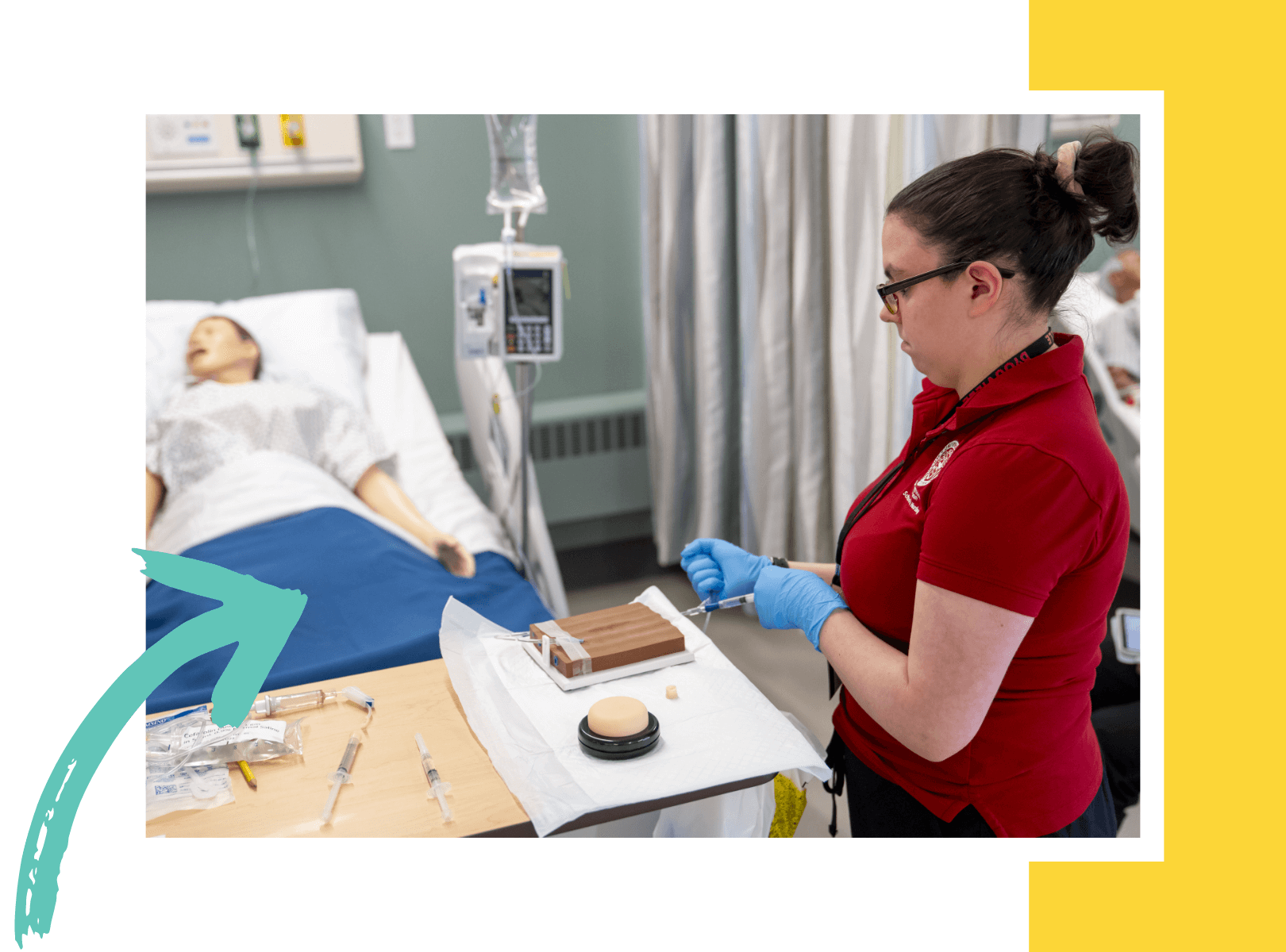 Student working in a medical simulation lab.